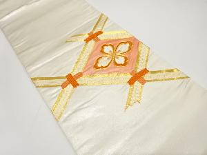 アンティーク　斜め格子に花菱模様刺繍袋帯（材料）